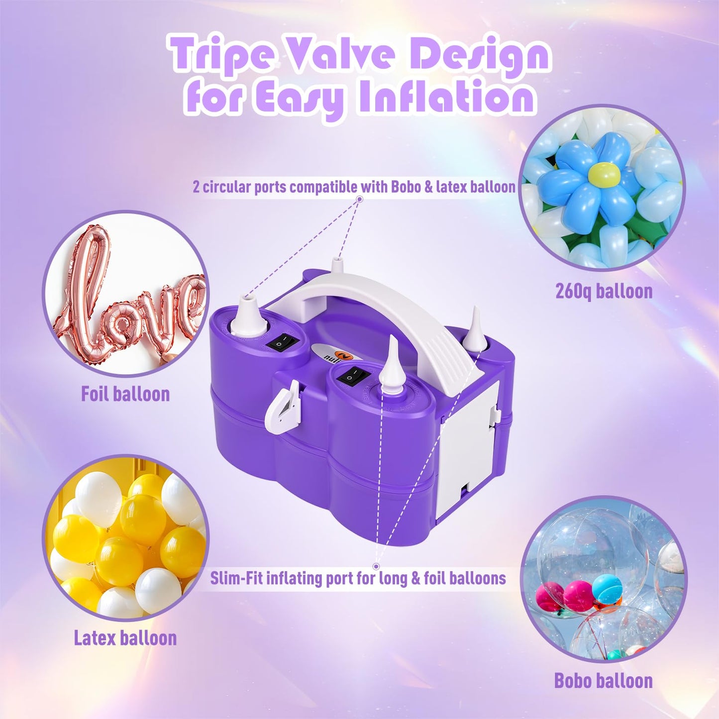 Nulink Electric Balloon Pump, Portable Electric Balloon Blower Machine Balloon Air Pump Dual Nozzle 110V 600W Balloon Inflator for Party Decorations