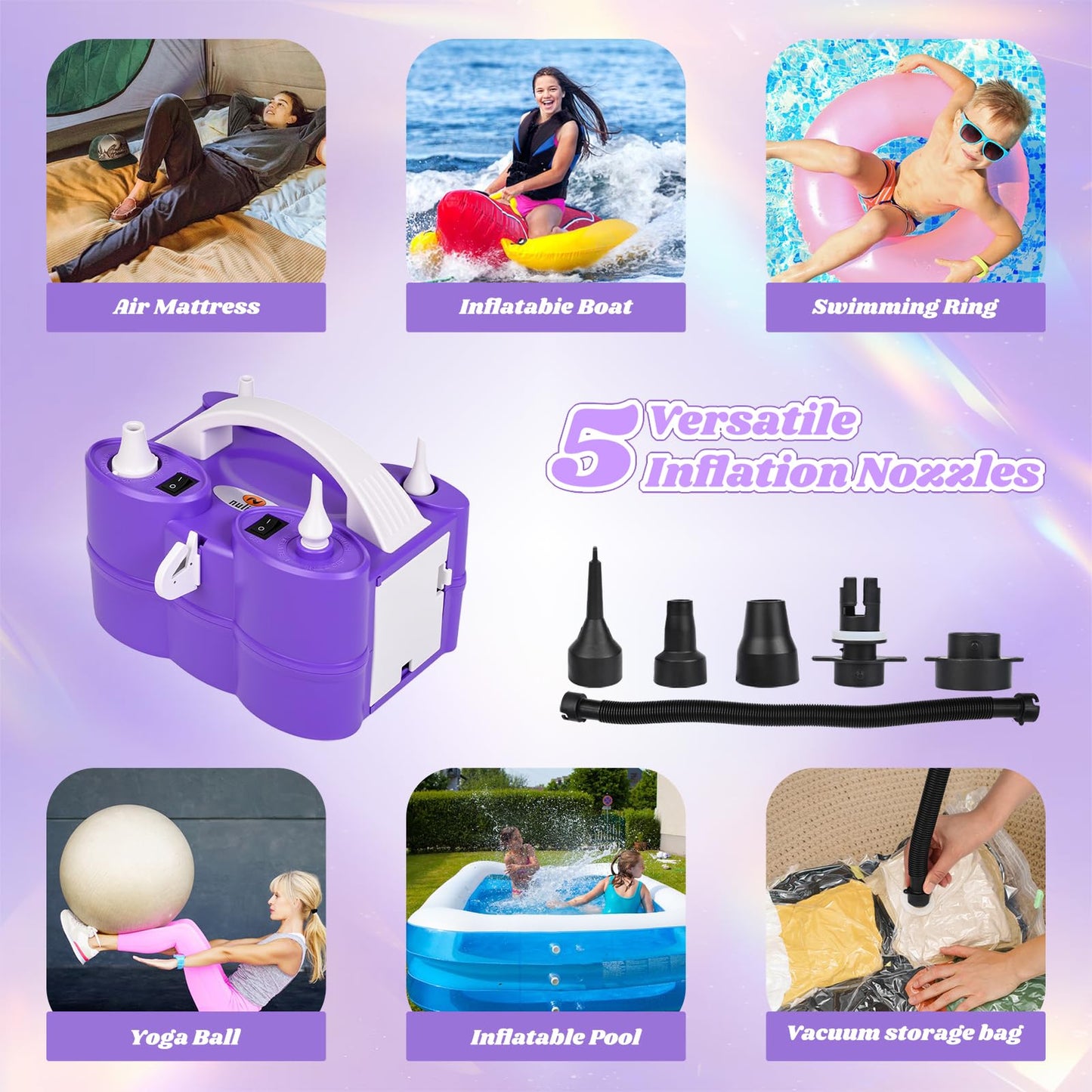 Nulink Electric Balloon Pump, Portable Electric Balloon Blower Machine Balloon Air Pump Dual Nozzle 110V 600W Balloon Inflator for Party Decorations