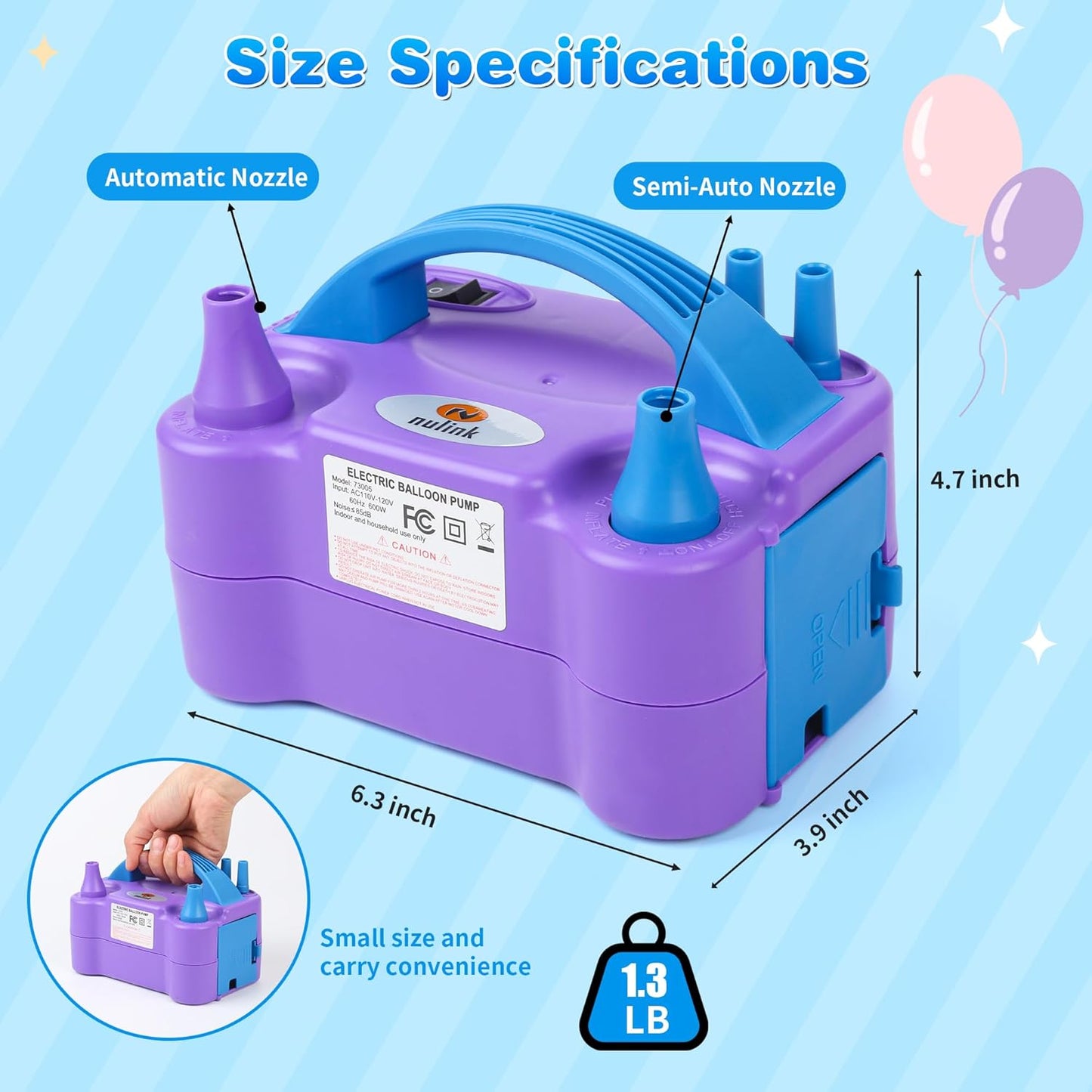 NuLink Balloon Pump Electric Portable Dual Nozzle Air Pump for Balloons Blower Pump Inflator for Decoration, Birthday Party [110V~120V, 600W, Purple]